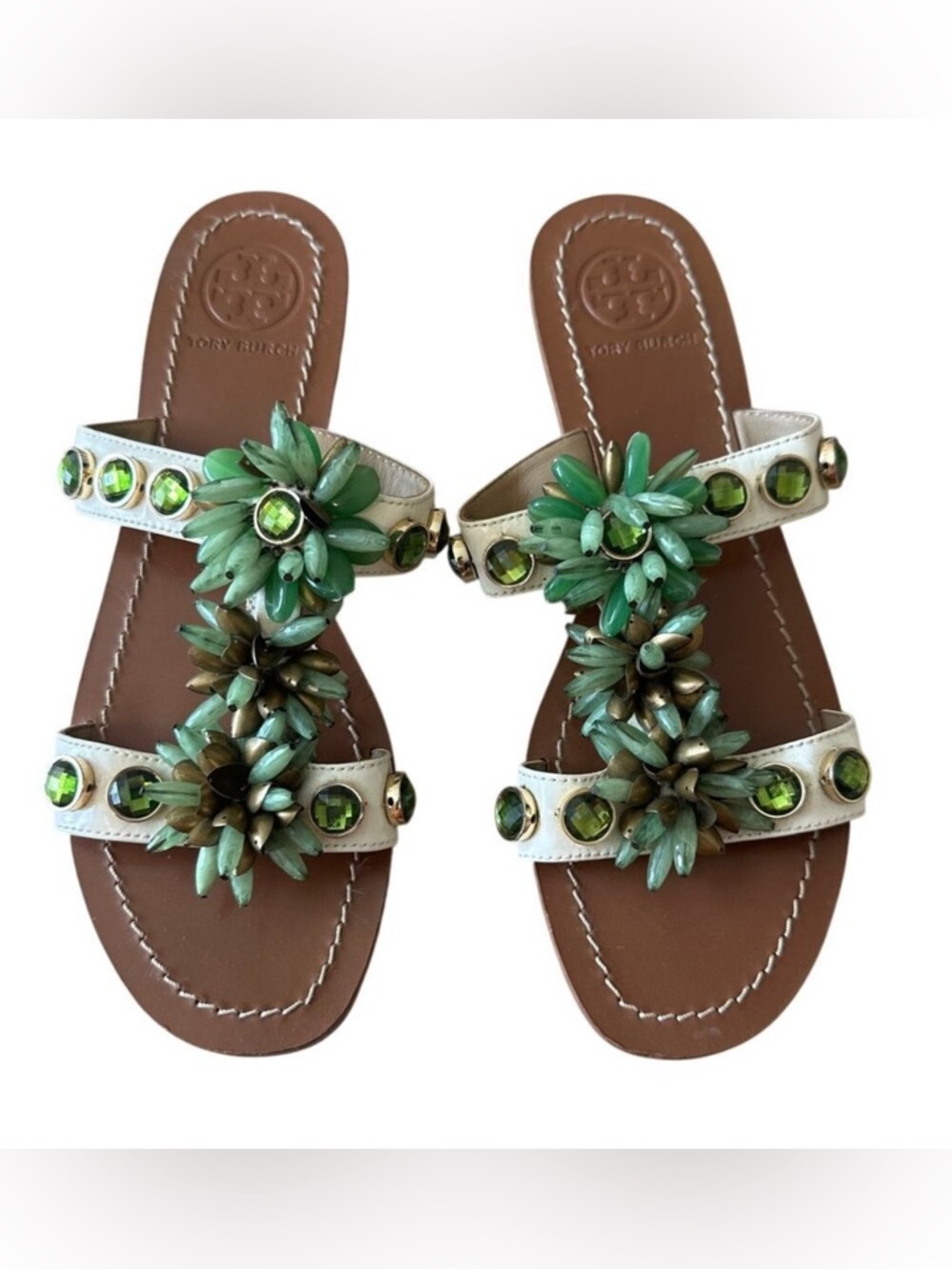 Tory Burch Floral Gemstone Embellished Slide Sandals 8.5
